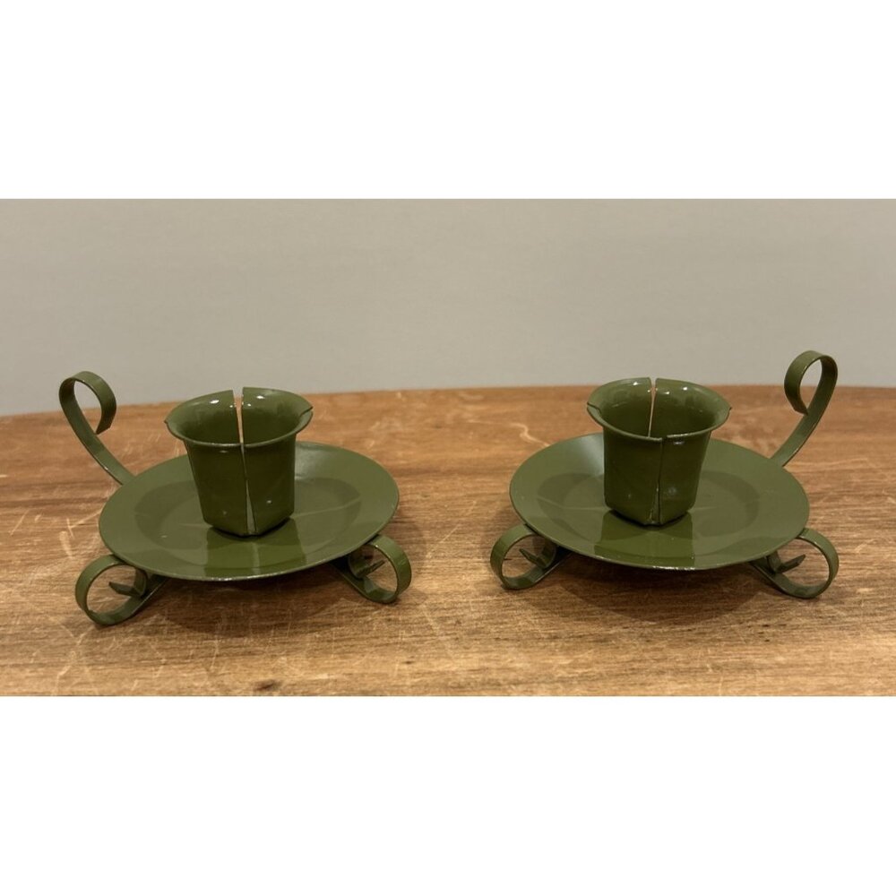 Vintage Mid Century Painted Green Retro Metal Candle Holders Made In Japan